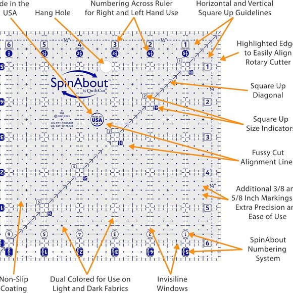 SpinAbout by QuiltCut Non-Slip Quilting Ruler – 5 Piece Square Up Set, 2½", 4½", - Picture 4 of 4